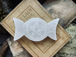 Selenite Triple Moon Pentacle Goddess