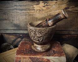 Carved Wood Pentacle Mortar & Pestle
