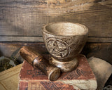 Carved Wood Pentacle Mortar & Pestle
