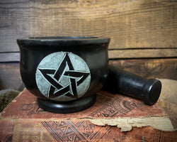 Black Pentacle Mortar & Pestle Carved Soapstone