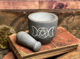 Grey Triple Moon Pentacle Mortar & Pestle Carved Soapstone