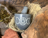 Grey Triple Moon Pentacle Mortar & Pestle Carved Soapstone