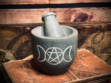 Grey Triple Moon Pentacle Mortar & Pestle Carved Soapstone
