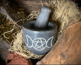Grey Triple Moon Pentacle Mortar & Pestle Carved Soapstone