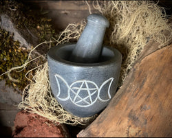 Grey Triple Moon Pentacle Mortar & Pestle Carved Soapstone