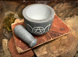 Grey Triple Moon Pentacle Mortar & Pestle Carved Soapstone